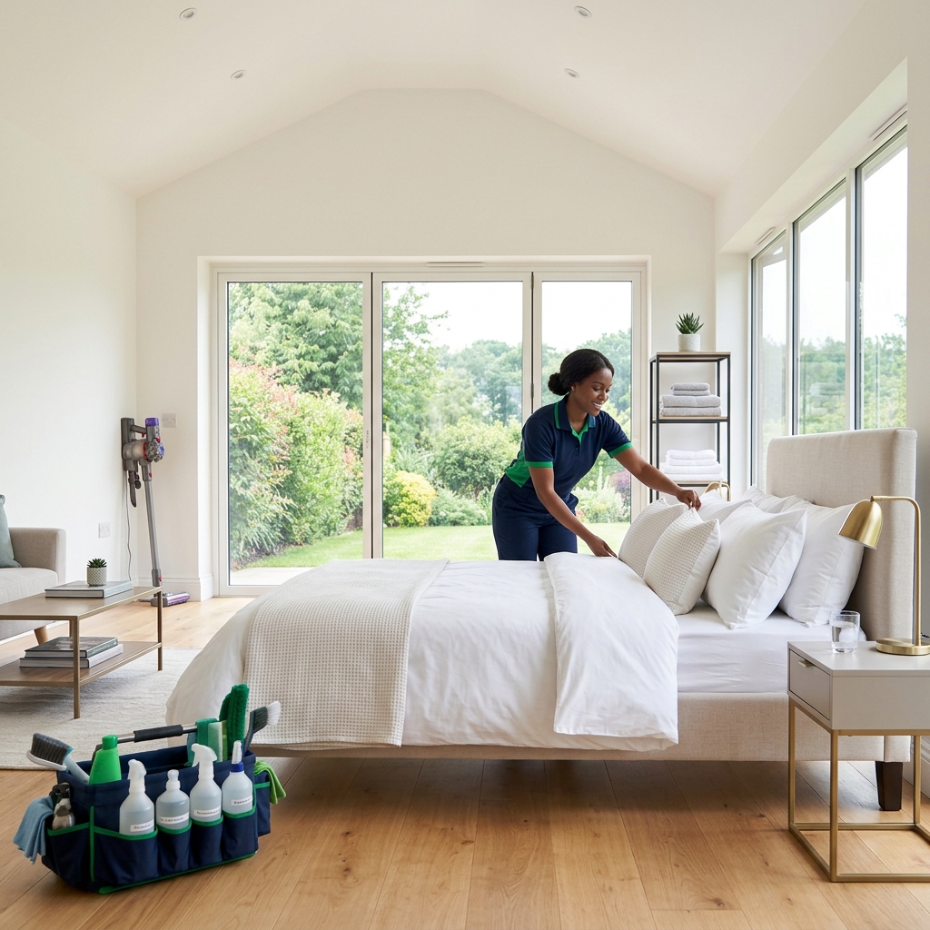 Cleaner working in a bright living space with large windows