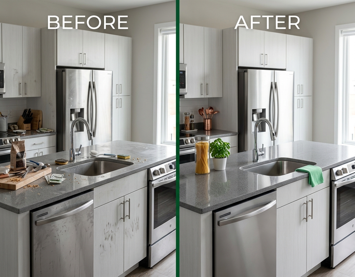 Before and after comparison of a cleaned kitchen