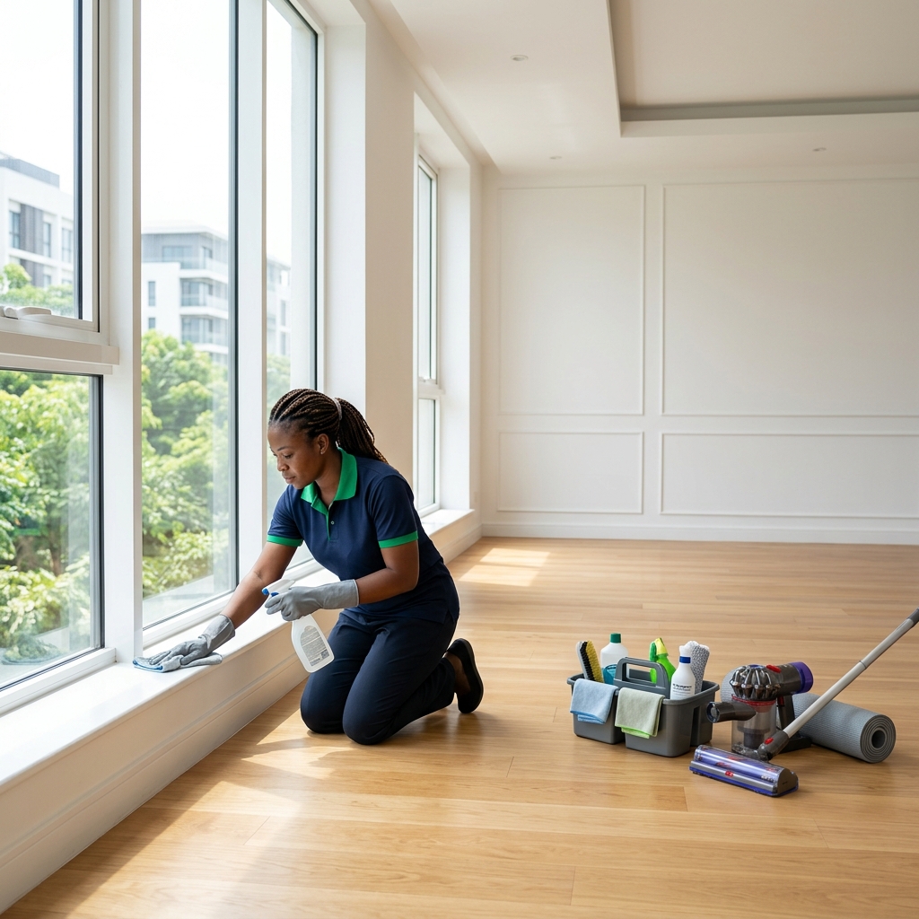 Cleaner washing the floor of an empty room beside large windows