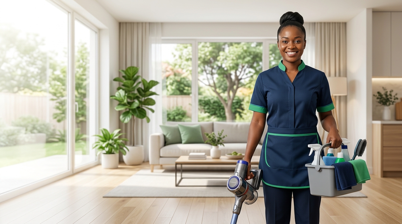 Cleaning professional in a navy uniform standing in a bright, welcoming living room with cleaning supplies