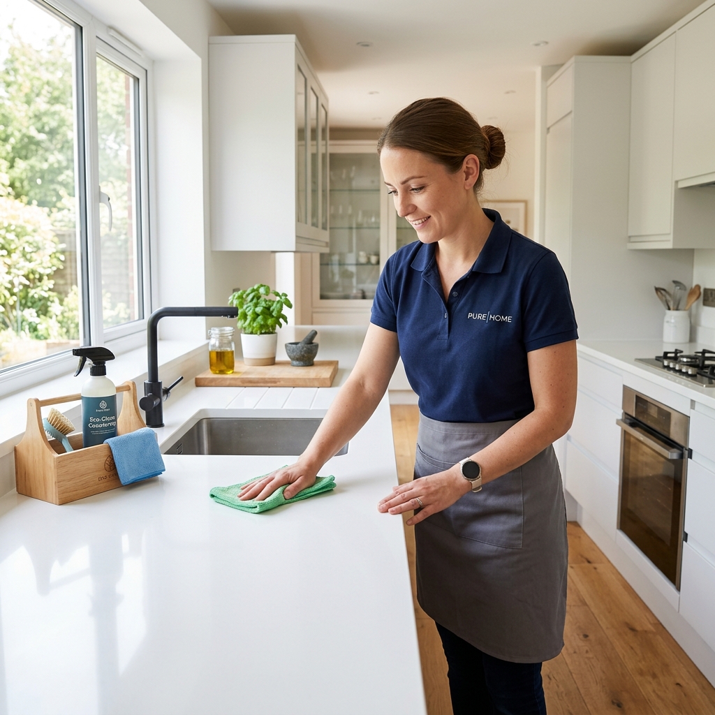 Cleaner tidying a bright modern kitchen during a residential clean