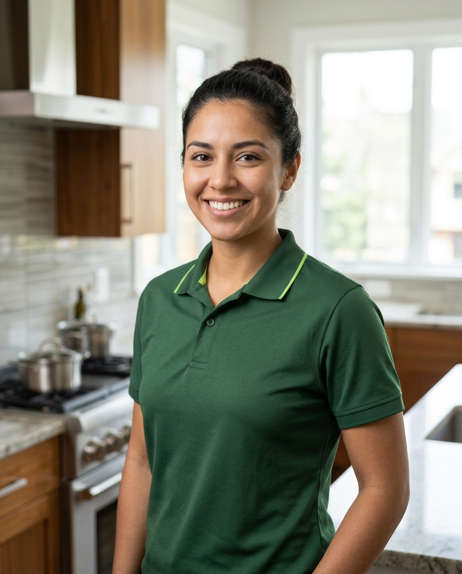 Smiling Cleanora team member in a bright kitchen