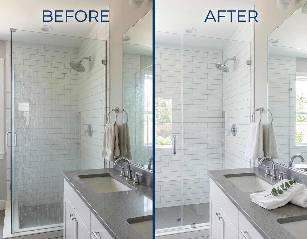 Before and after comparison of a cleaned bathroom