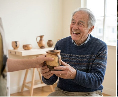 Illustrative customer photo: smiling older man holding a handmade pot