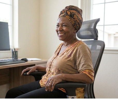 Illustrative customer photo: smiling woman seated at an office desk
