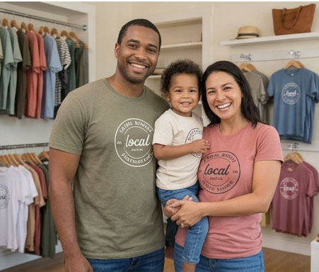 Illustrative customer photo: smiling family of three in a shop