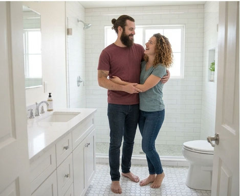 Illustrative customer photo: couple in a freshly cleaned bathroom