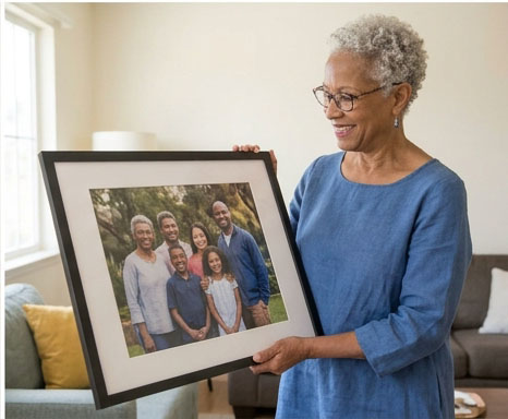 Illustrative customer photo: smiling woman holding a framed family portrait at home