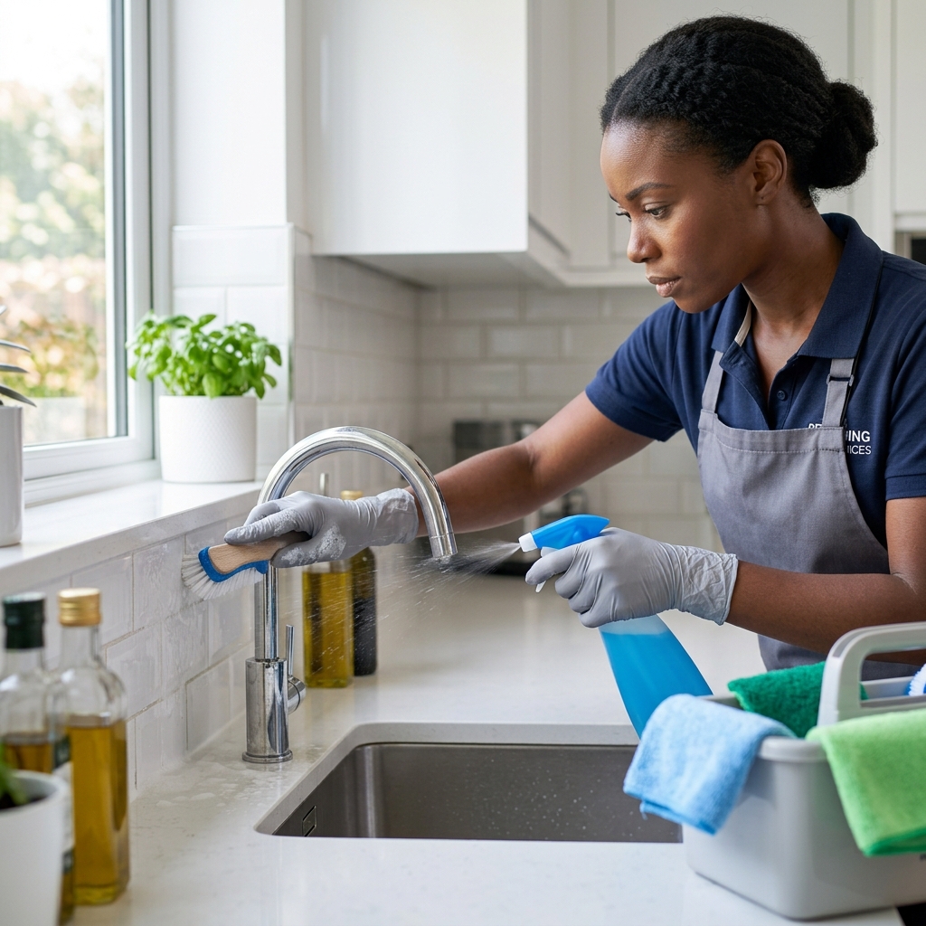 Cleaner deep cleaning kitchen surfaces with close attention to detail