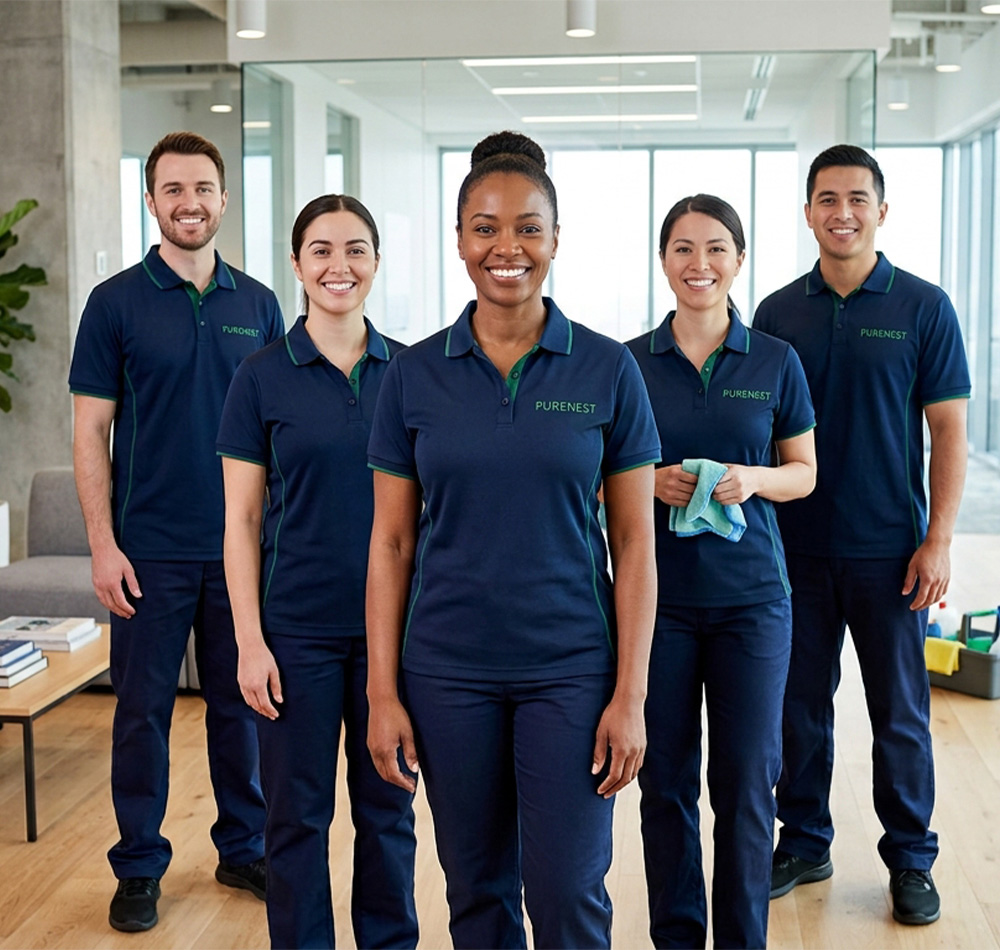 The Cleanora cleaning team standing together in navy uniforms
