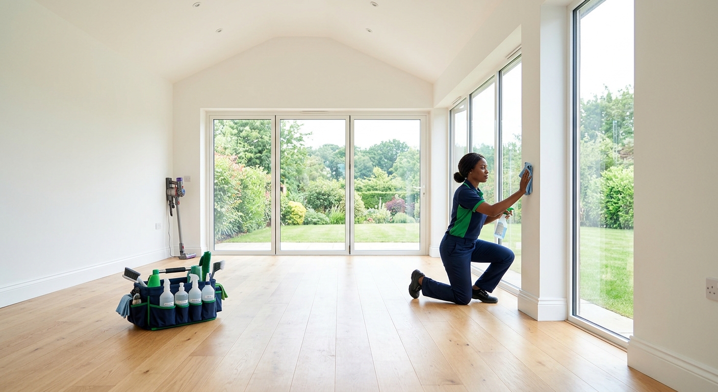 Cleaner kneeling in a bright, freshly prepared room