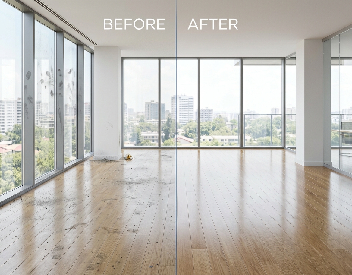 Room shown before and after a move-out clean