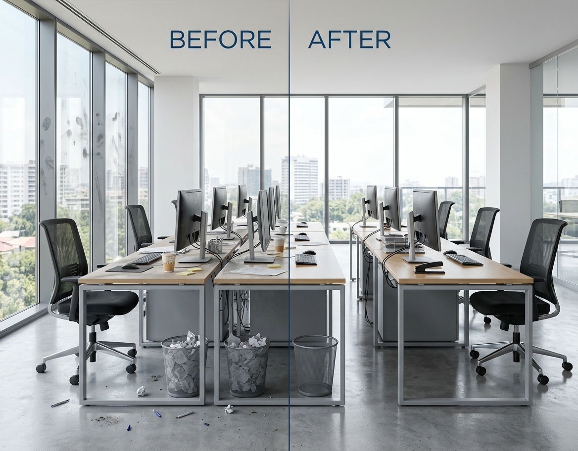 Before and after comparison of a cleaned office