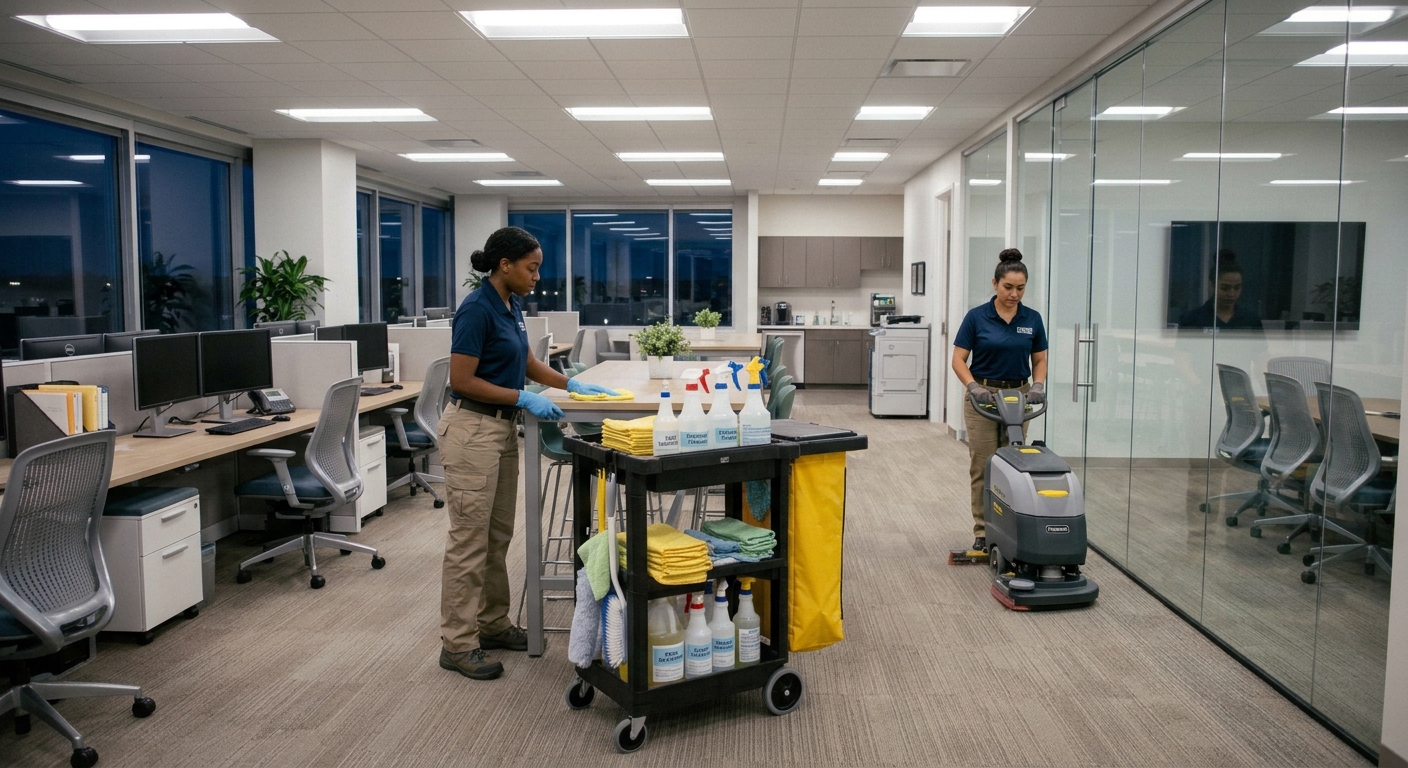 Cleaner tidying an office workspace