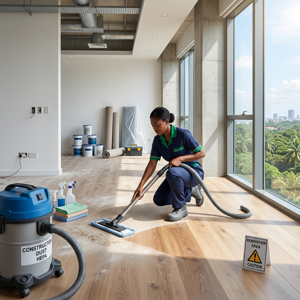 Cleaner using a vacuum to clean the floor of a large, bright room