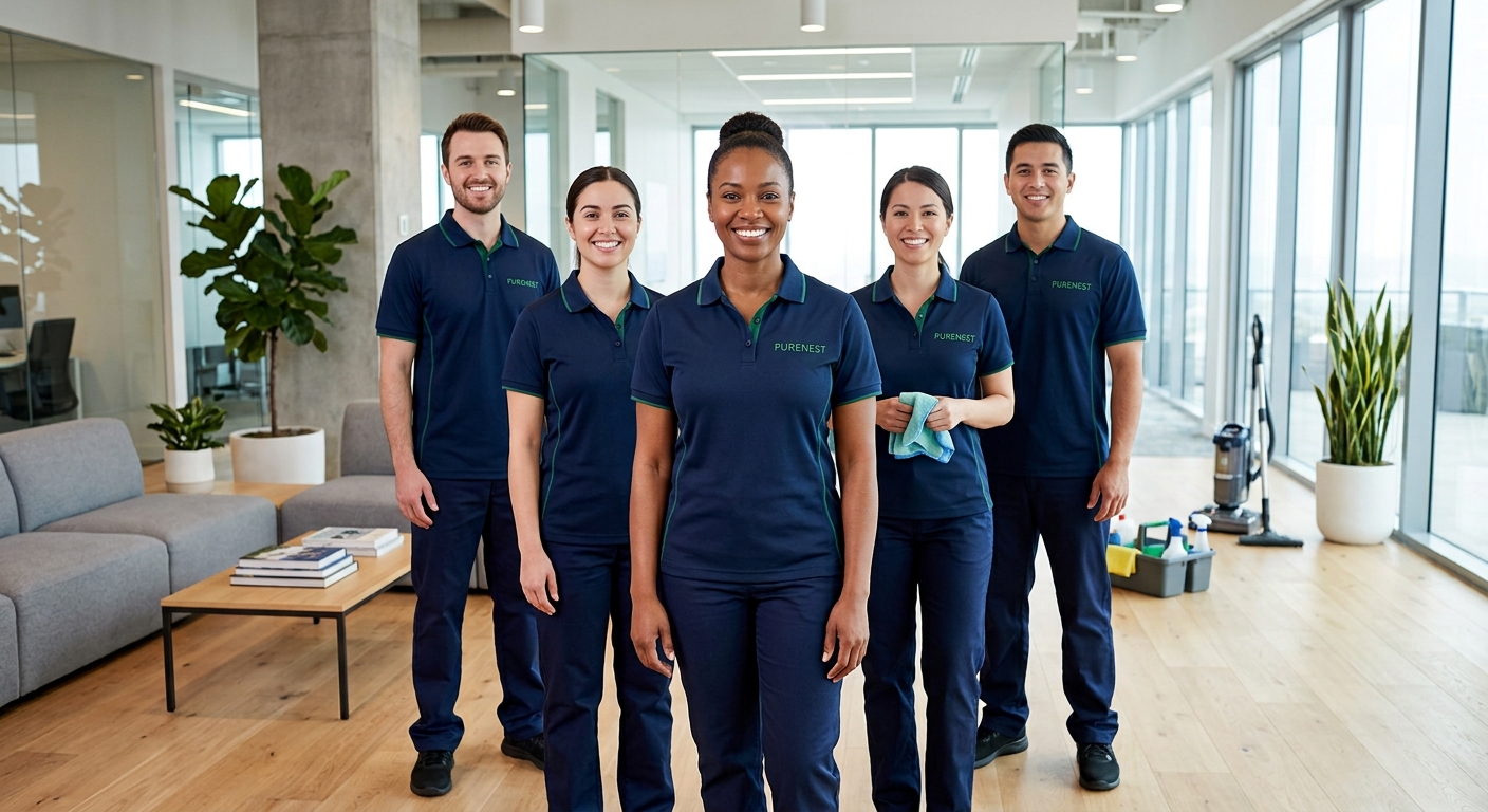 The Cleanora cleaning team standing together in a bright open-plan office