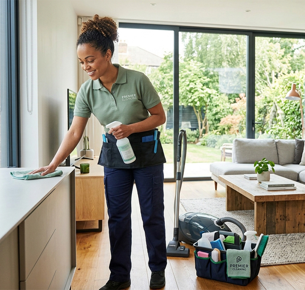 Cleaner tidying a bright home kitchen